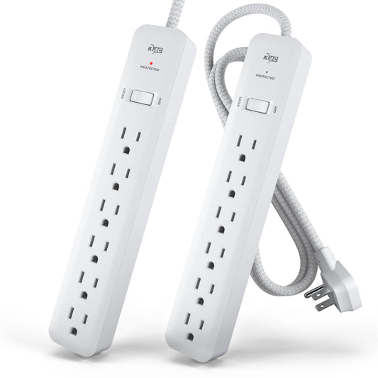 KMC 6-Outlet Surge Protector Power Strip 4 ft cord 2-Pack 1080J Power Surge Protector 4-Foot Long Braided Extension Cord with Multiple Outlets Power Strip Surge Protector 6 Power Outlet Flat Plug